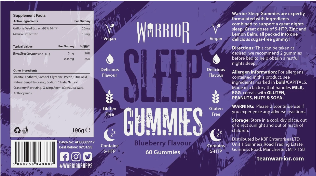 1 Warrior Sleep Gummies x 60 blueberry flavour Healthcare Fitness